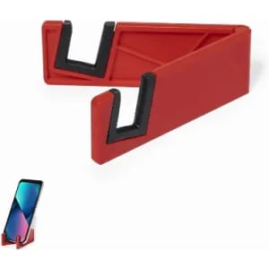 A red phone stand with black accents, designed to hold a mobile device at an angle.