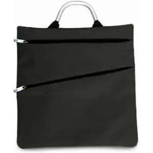 A black tote bag with a metal handle and two zippered pockets on the front, featuring a minimalist design.