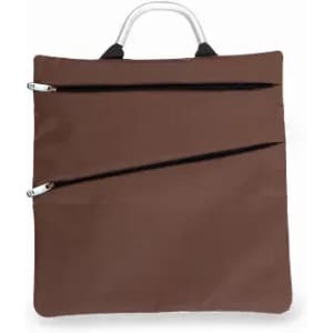 A brown tote bag with two zippered pockets and a sturdy handle. The bag has a simple, sleek design.