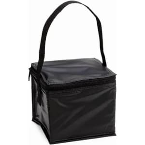 A black insulated lunch cooler with a sturdy handle and zip closure. Simple square design for easy storage.