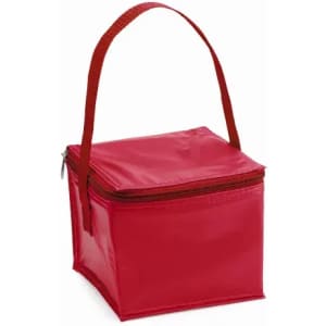A red insulated lunch bag featuring a zip closure and a handle for easy carrying.