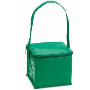 A green zip-up cooler bag with a handle, featuring a square shape and glossy finish.