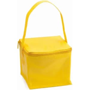 A square yellow lunch bag with a zip closure and a handle on top. It features a simple design and is insulated.