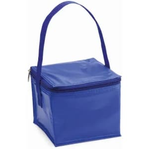 A blue insulated lunch bag with a zipper and a handle, featuring a squared shape.