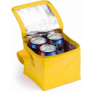 A yellow insulated drink cooler bag holding four cans, featuring a shiny silver interior and a zippered opening.