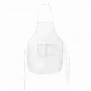 A white apron with a front pocket and adjustable straps. Features a plain design without any logos or branding.