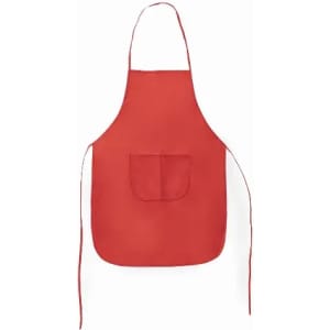 A red apron featuring a front pocket and long ties for securing. It has a simple design and no visible branding.
