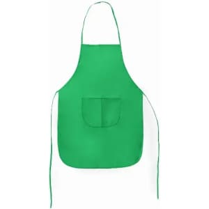 A green apron with a single front pocket and long ties on each side. Features a simple, solid design.