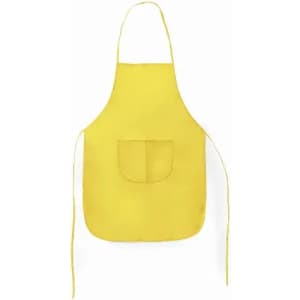 A yellow apron with a front pocket and tied straps for securing. Features a simple design with bright colour.