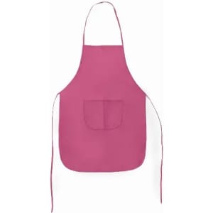 A pink apron with a front pocket and long ties. The apron features a plain design and has no visible branding.