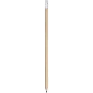 A wooden pencil with a silver eraser at the top and a sharp graphite tip, featuring a simple, unadorned design.