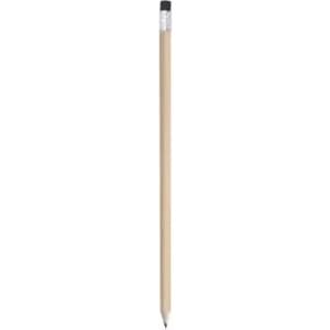 A pencil with a wooden body and a black eraser at the top. The pencil has a sharpened tip.