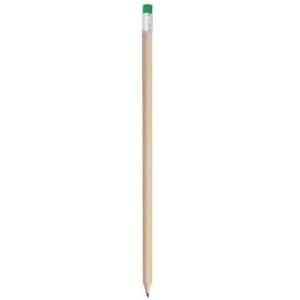 A pencil with a green eraser and a wooden body, featuring a sharpened graphite tip.