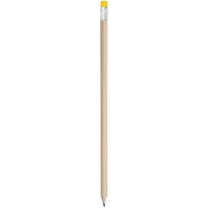 A wooden pencil with a yellow eraser and sharpened tip, featuring a simple design.