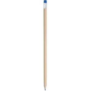 A wooden pencil with a blue eraser and a sharpened graphite tip, featuring a simple design.