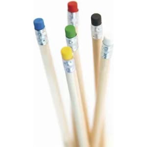 A collection of pencils with various coloured erasers including red, green, blue, yellow, black, and white.