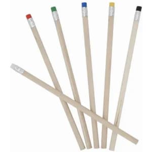A set of six wooden pencils with different coloured erasers: red, green, blue, yellow, black, and grey.