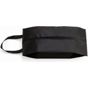 A black promotional bag with a zippered closure and an attached handle.