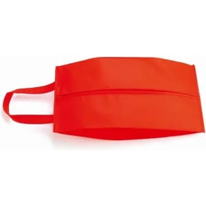 A red promotional product bag with a handle and a zipper compartment, featuring a simple design.