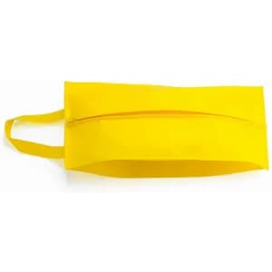 A yellow bag with a zip closure and a handle, featuring a sleek design.