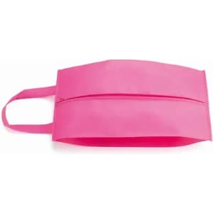 A pink promotional bag with a zip closure and handles for easy carrying. It has a sleek, modern design.