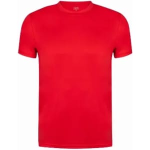 A red T-shirt with short sleeves and a crew neckline, featuring a simple design and no visible branding.