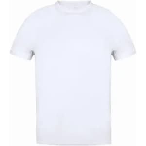 A plain white t-shirt with short sleeves. The shirt features a crew neck design and has no visible branding.