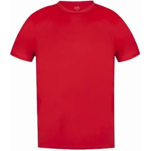 A red short-sleeved t-shirt with a clean design and no visible logos.