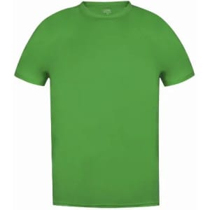 A green short-sleeved T-shirt with a round neckline and a plain design. It features a logo on the label.