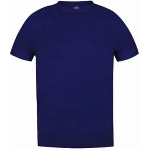 A plain navy blue T-shirt with a round neck and short sleeves. It features a logo on the tag inside.