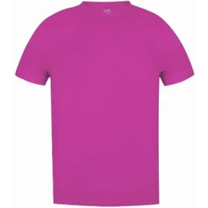 A plain magenta T-shirt featuring a round neck and short sleeves, with a logo on the upper back.