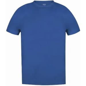 A blue t-shirt with a crew neckline and short sleeves, featuring a logo on the inner label.