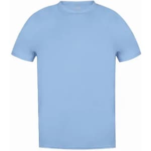 A light blue T-shirt with a round neckline and short sleeves. It features a logo on the front.