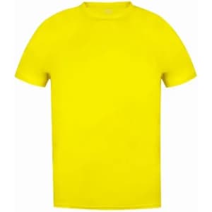 A bright yellow t-shirt with a simple round neckline and short sleeves. It has no visible logos or designs.