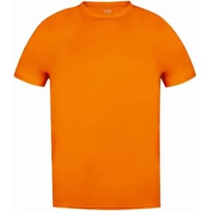 An orange short-sleeved t-shirt featuring a simple design and a small logo on the neckline.