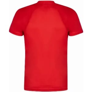 A red T-shirt featuring a simple design with short sleeves and a round neckline. The back is plain without additional details.