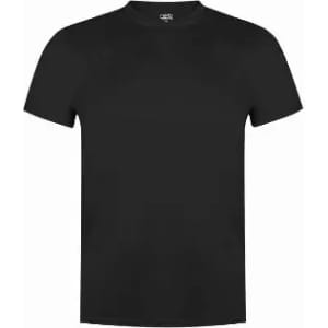 A black t-shirt with a classic crew neck design and short sleeves. It features a plain style without logos.