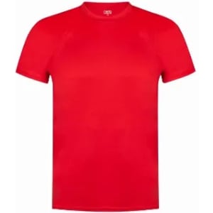 A red short-sleeved t-shirt with a simple design and no visible logo or branding.