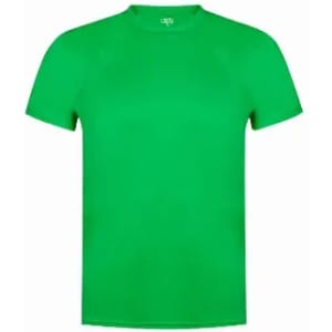 A green short-sleeved athletic t-shirt with a round neckline and seamless design. It features a logo on the upper back.