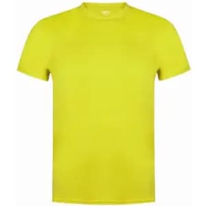 A bright yellow short-sleeved t-shirt with a round neckline, featuring a logo.