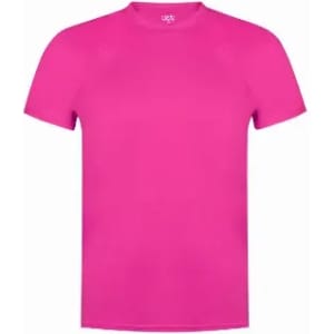 A pink short-sleeved T-shirt featuring a round neckline and smooth fabric, with a logo on the tag.