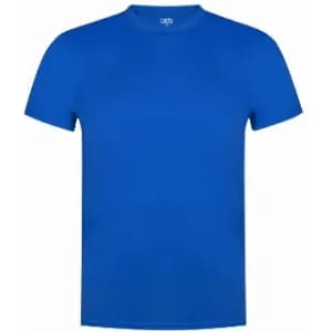 A blue short-sleeved T-shirt featuring a simple design and a label inside the collar.