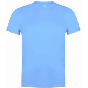 A light blue t-shirt with a round neck and short sleeves, featuring a logo on the tag.