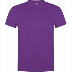 A plain purple T-shirt with a crew neckline and short sleeves, featuring a logo on the inside neckline.