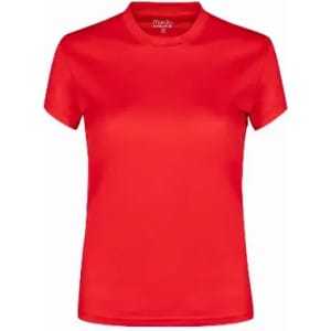 A red short-sleeved T-shirt with a crew neckline. The shirt features a logo at the neckline.