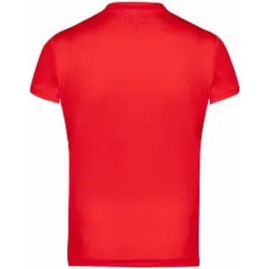A red short-sleeved T-shirt with a smooth texture and a plain back. It features a logo on the upper back.
