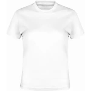 A plain white t-shirt with a round neckline and short sleeves, featuring a logo on the front.
