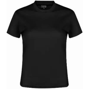 A black short-sleeved T-shirt with a plain design and a logo at the neckline.