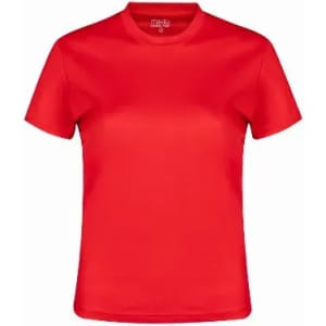 A red short-sleeved t-shirt with a crew neckline, featuring a logo on the label.