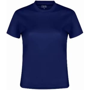 A navy blue short-sleeved t-shirt with a round neckline and no visible logo or branding.